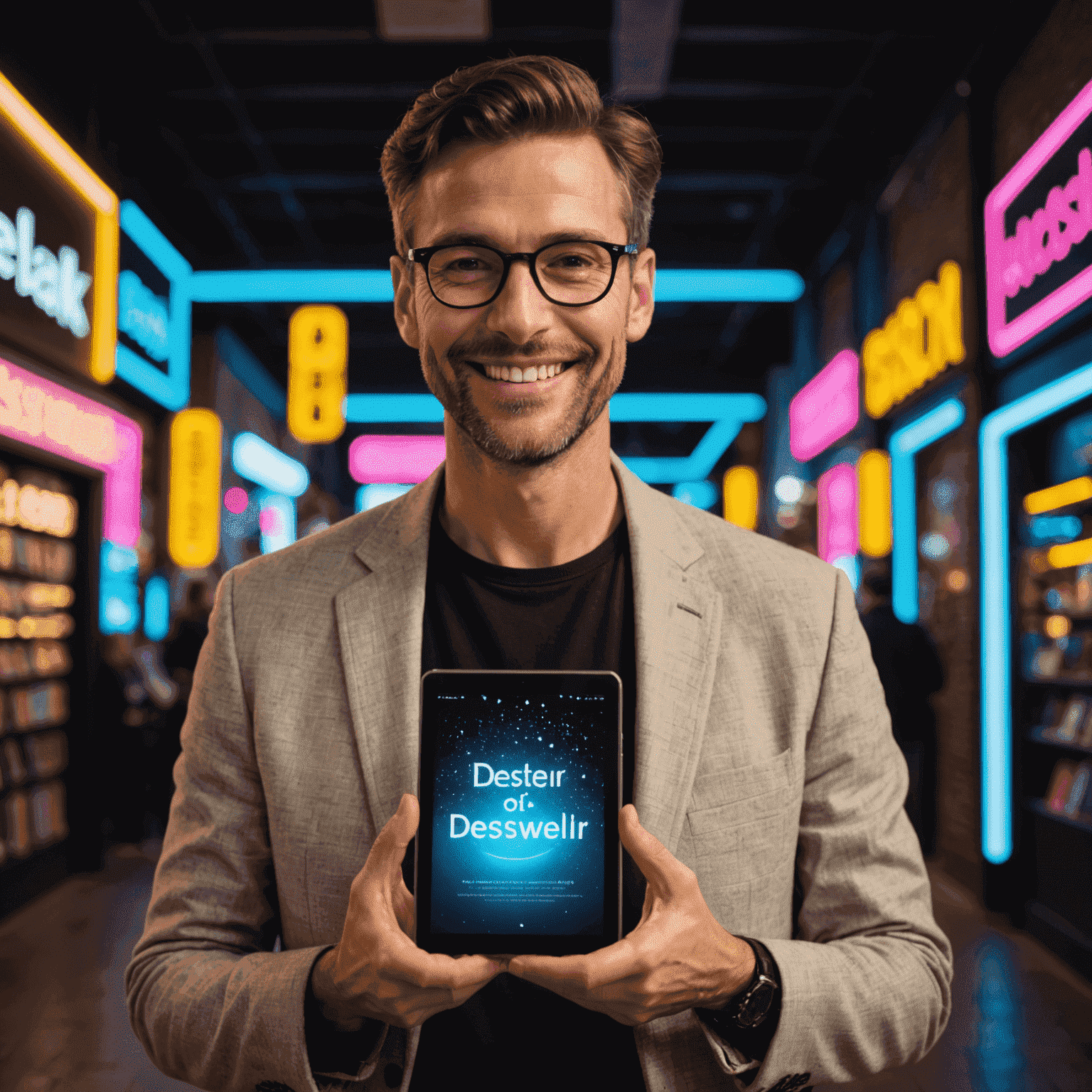 A smiling author holding a tablet displaying their e-book cover, surrounded by neon lights spelling out 'Bestseller'
