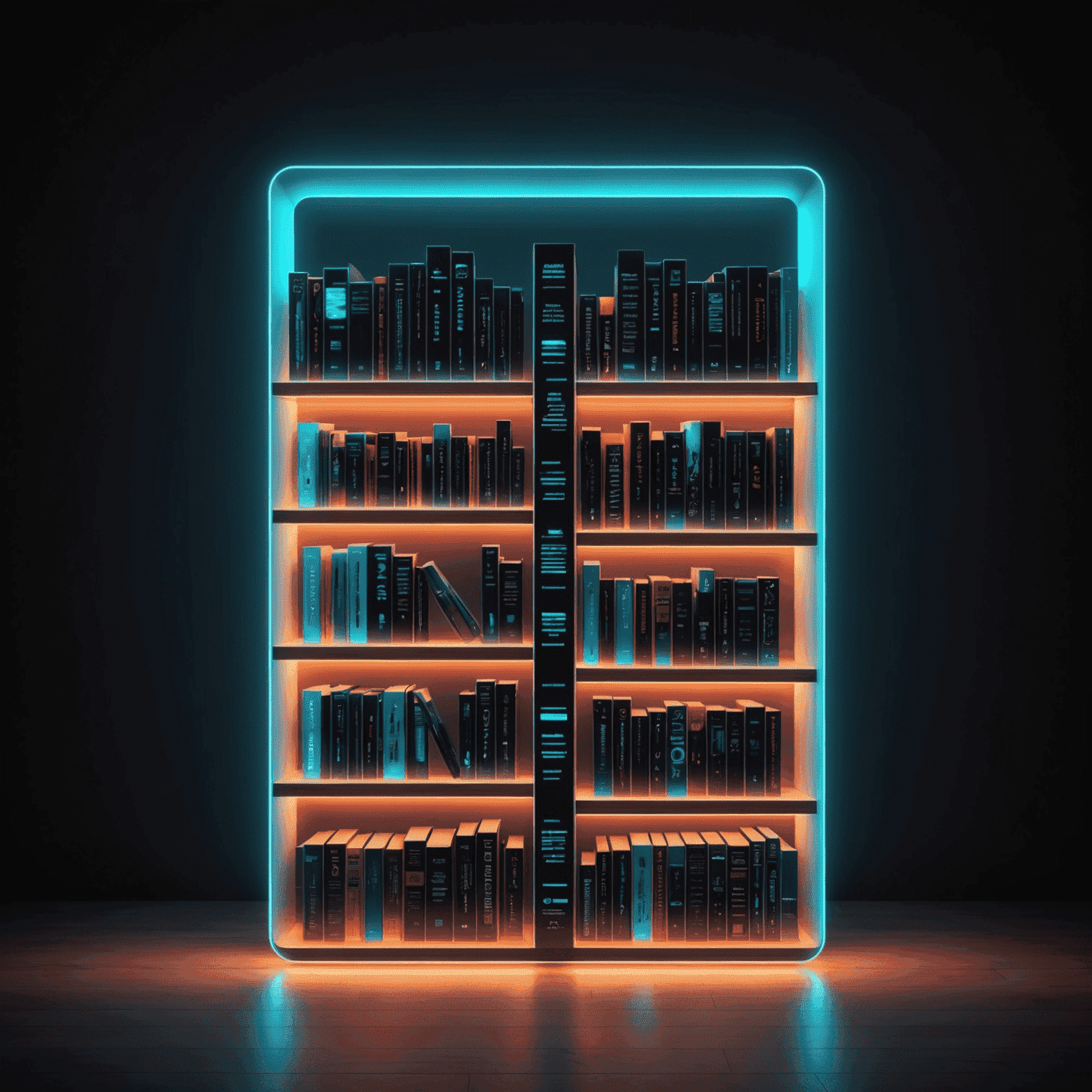 A futuristic digital bookshelf with glowing neon book spines, representing various online retailers and platforms for eBook distribution