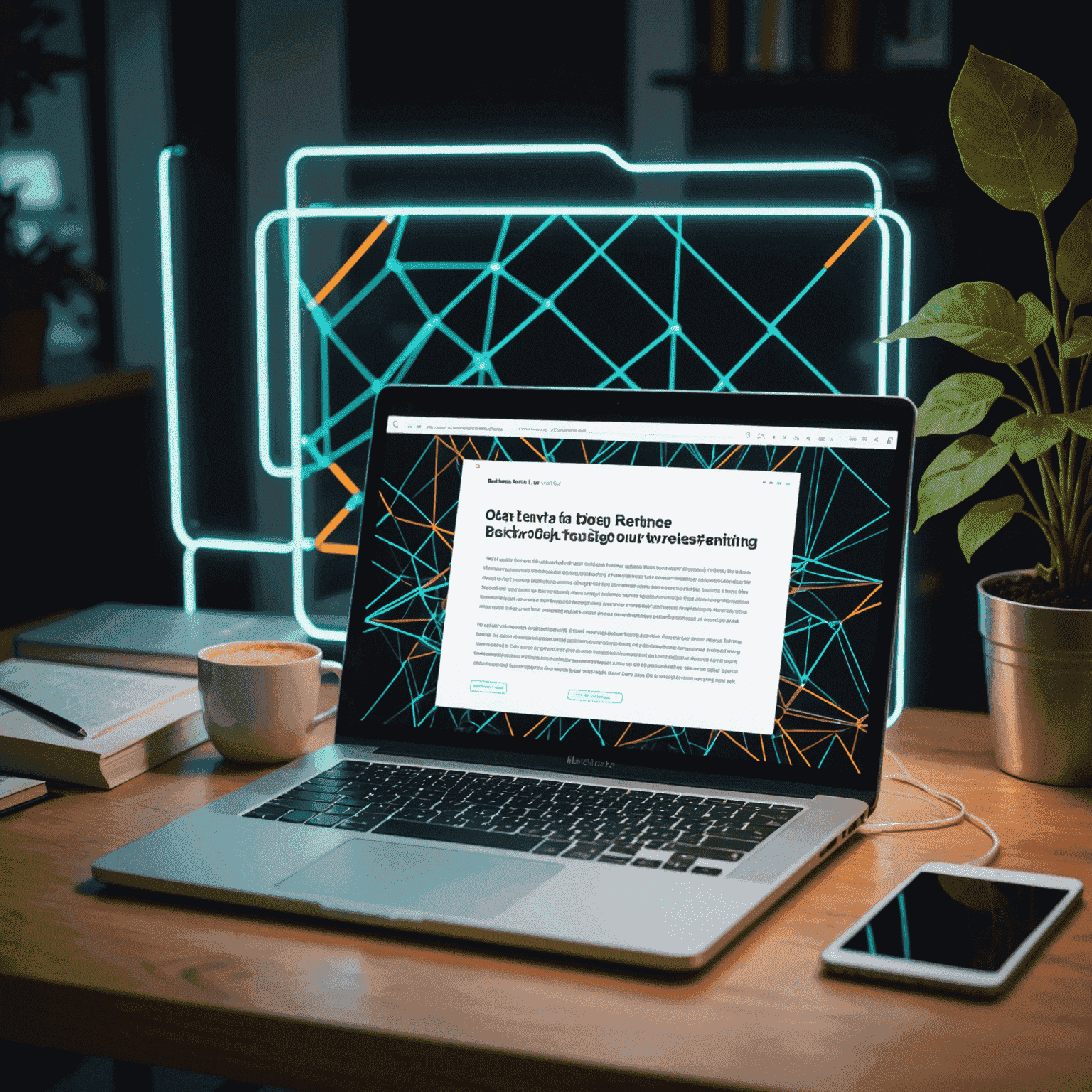 A laptop screen showing a blog transforming into an e-book cover, with neon lines connecting the two