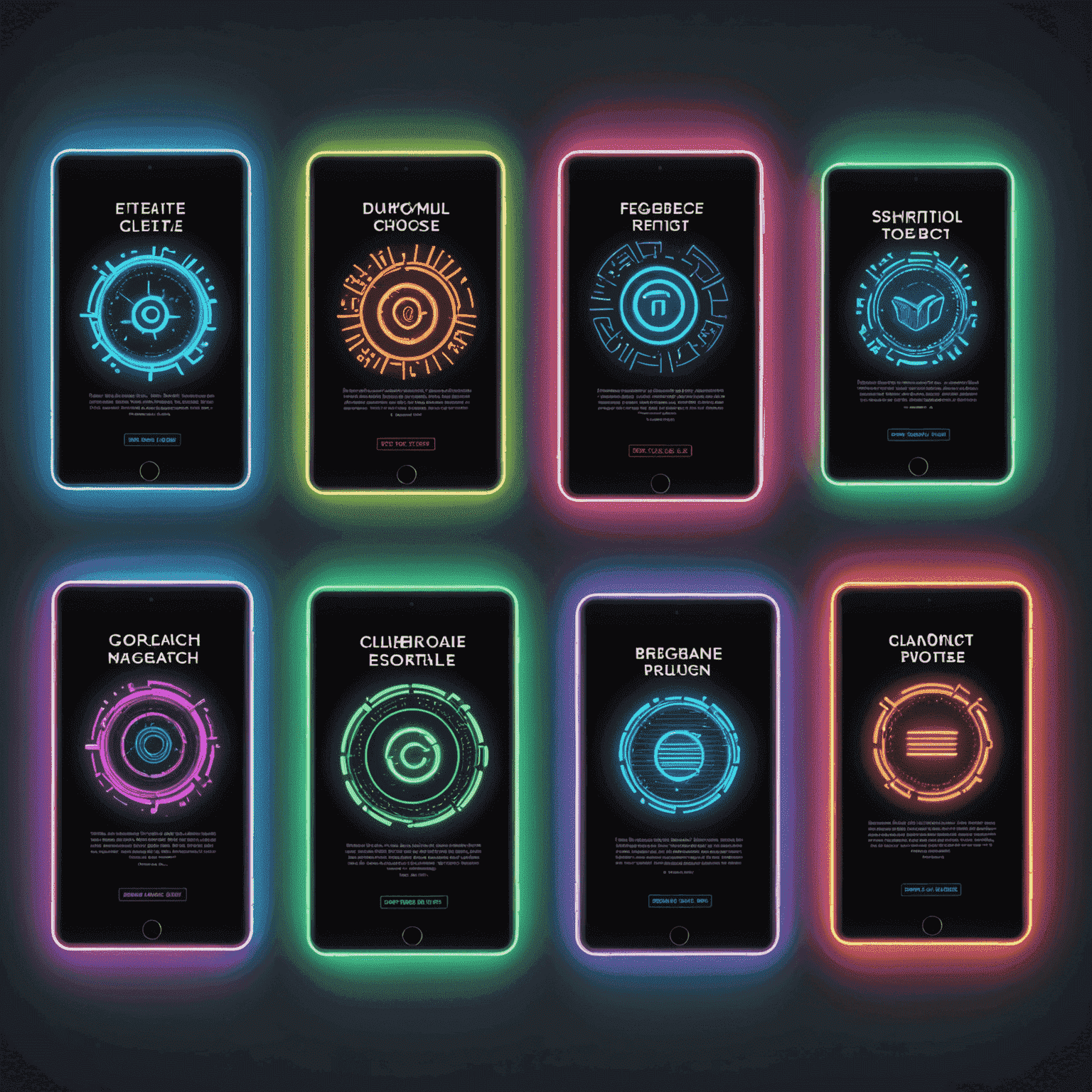 Multiple e-book covers arranged in a series, each glowing with a different neon color