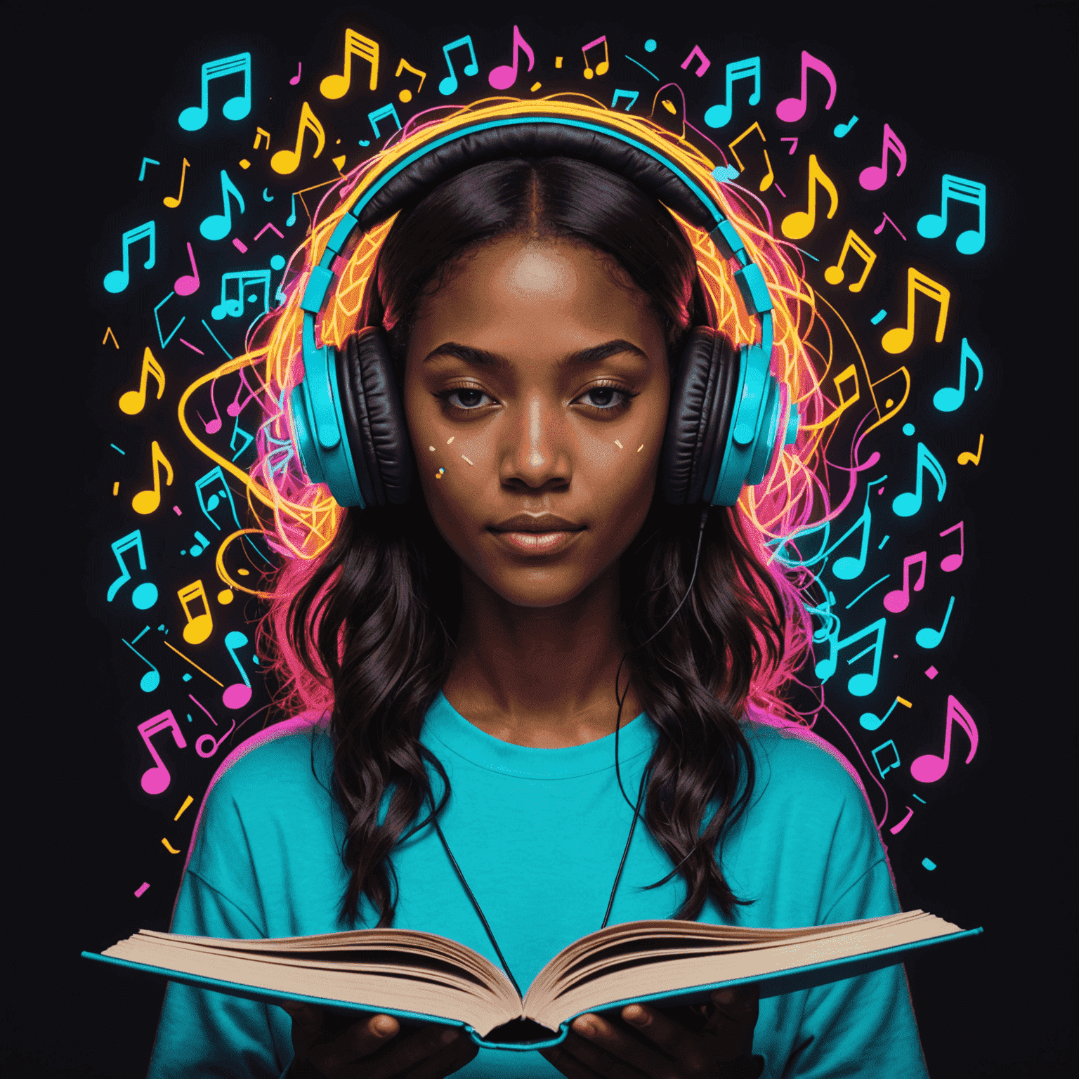 A person wearing headphones, surrounded by floating neon music notes and book icons